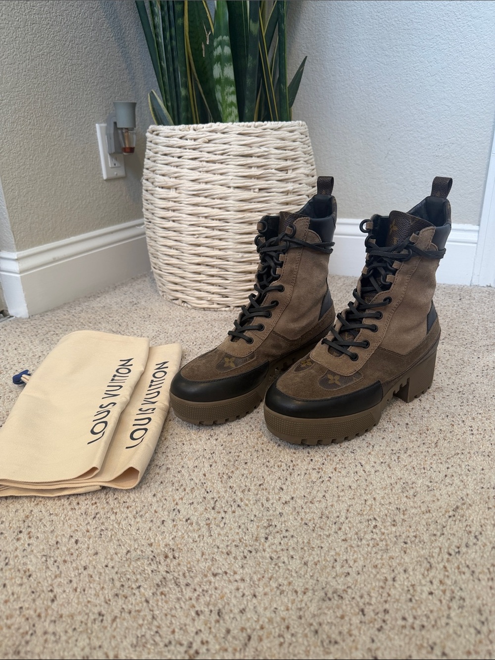 Louis Vuitton Taupe & Dark Brown Monogram Lug Lace-Up Boots